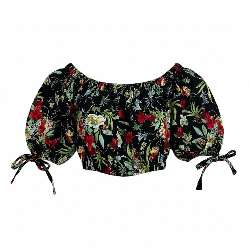 Black Floral Off Shoulder Puff Sleeve Crop Top Women's Size‎ S Boho Festival